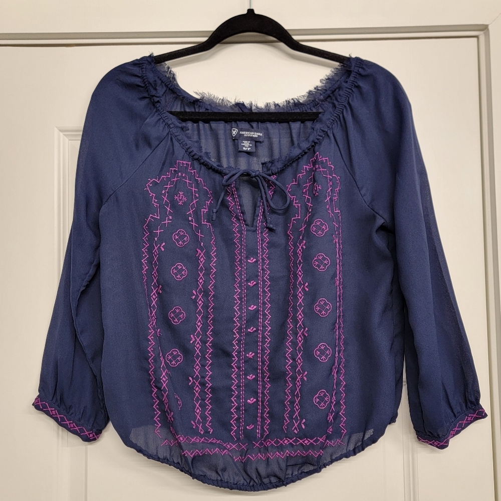 AMERICAN EAGLE Outfitters Navy Blue Sheer Longsleeve Top with Boho Embroidery